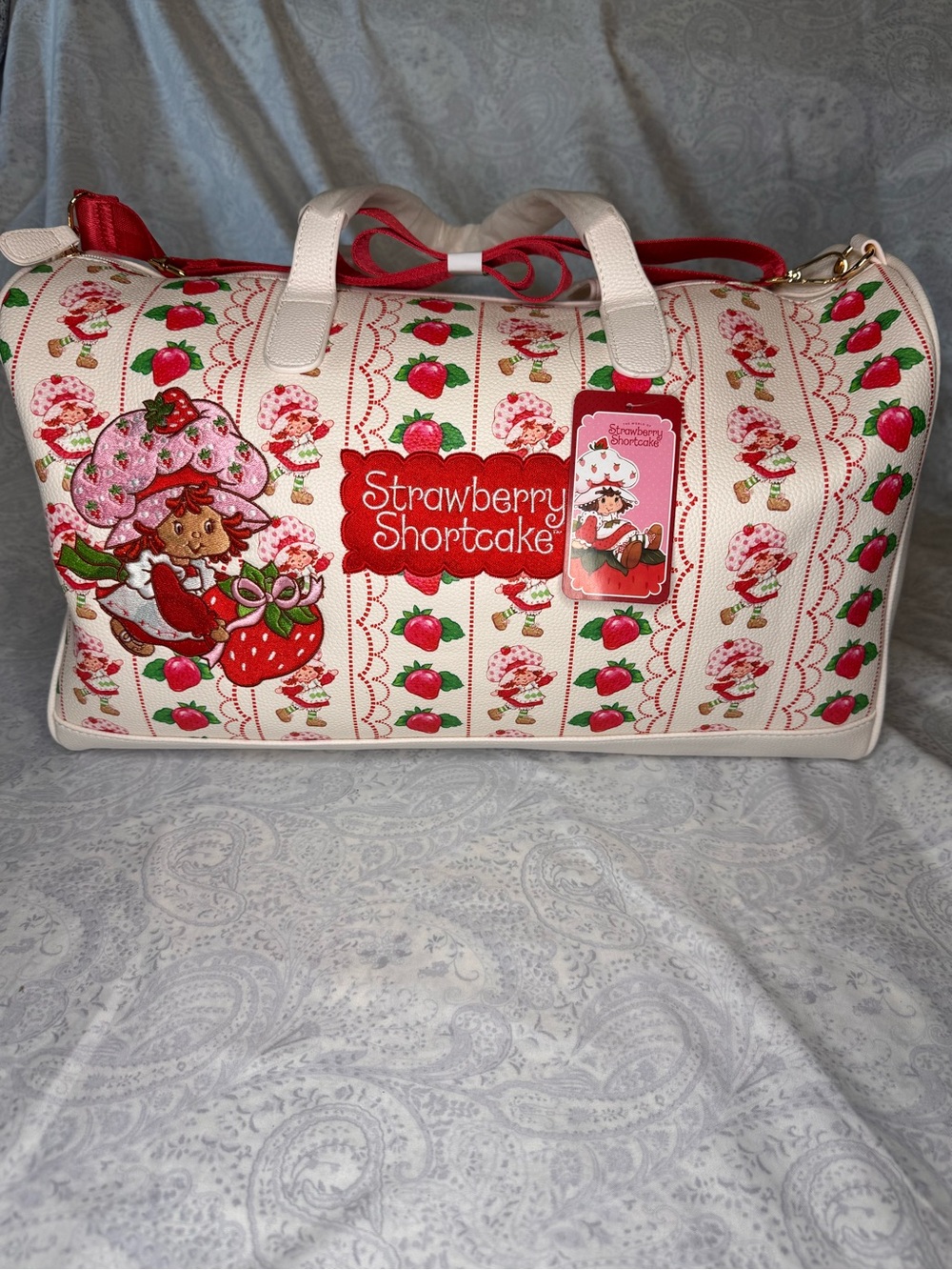 Strawberry Shortcake Pebbled Faux Leather Embroidered Red & Cream Large Duffle - Picture 2 of 14